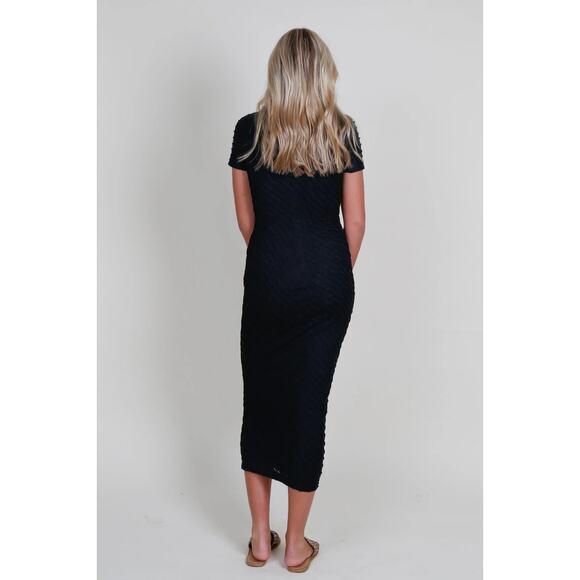 Amanda Uprichard Rosaria Textured Smocked Stretch Black Midi Dress Size XS - Picture 12 of 12